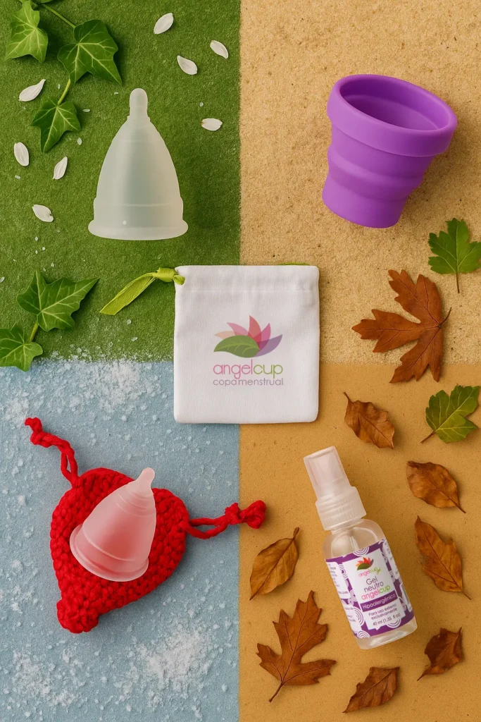 cuatro estaciones del ciclo menstrual angelcup con vaso esterilizador y jabon en gel