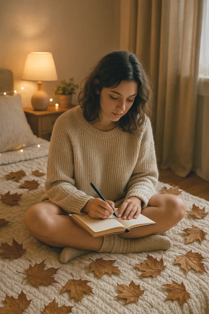 mujer escribiendo sentada en cama con hojas de otoño