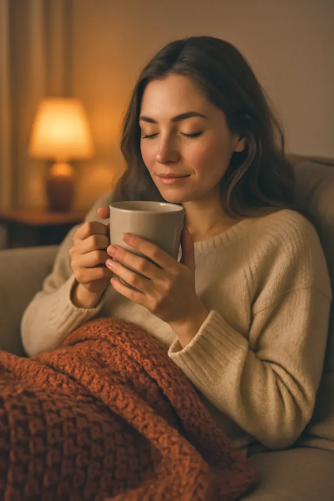 mujer tomando te con cobija en vientre invierno