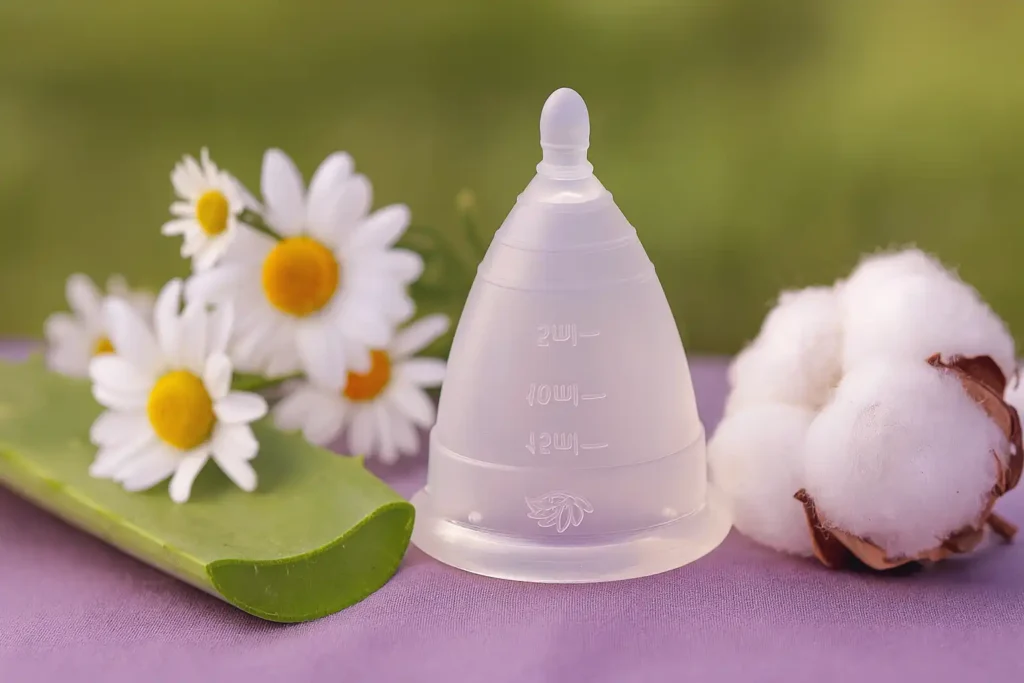 copa menstrual angelcup en ambiente de tranquilidad con algodón y margaritas