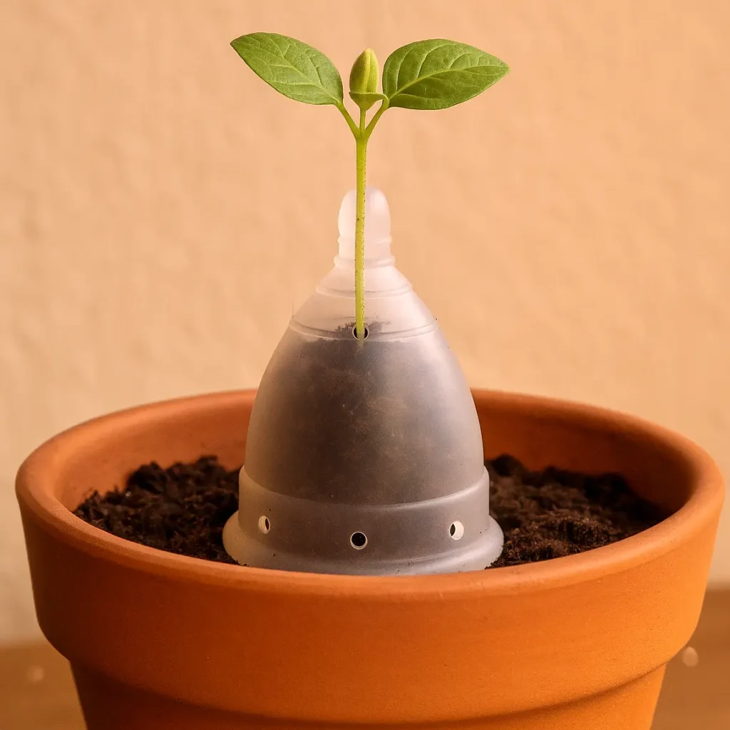 copa menstrual Angelcup con plantita creciendo