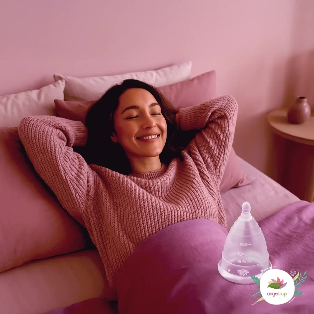 Mujer durmiendo plácidamente en su cama, demostrando que es seguro y cómodo dormir con la copa menstrual Angelcup toda la noche.