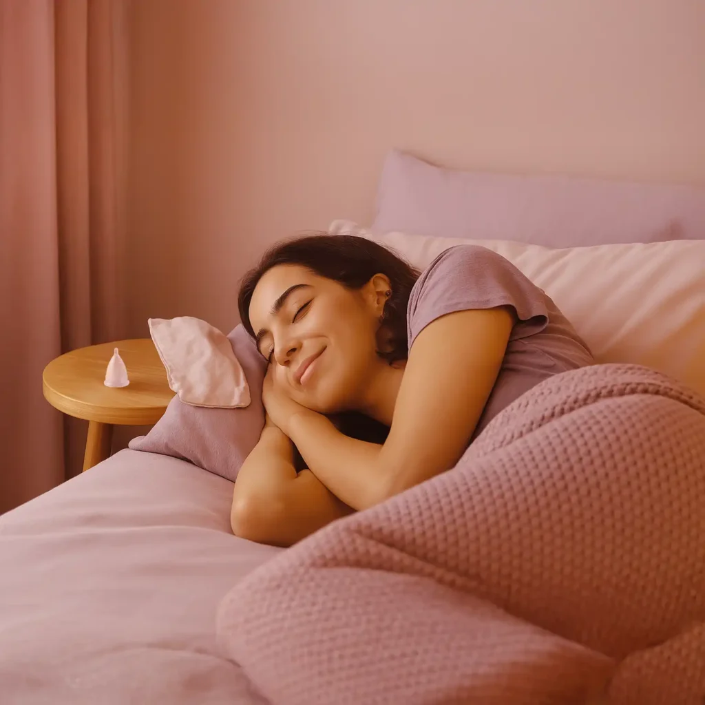 Mujer disfrutando de un sueño profundo y reparador gracias a la comodidad y seguridad de dormir con la copa menstrual Angelcup.
