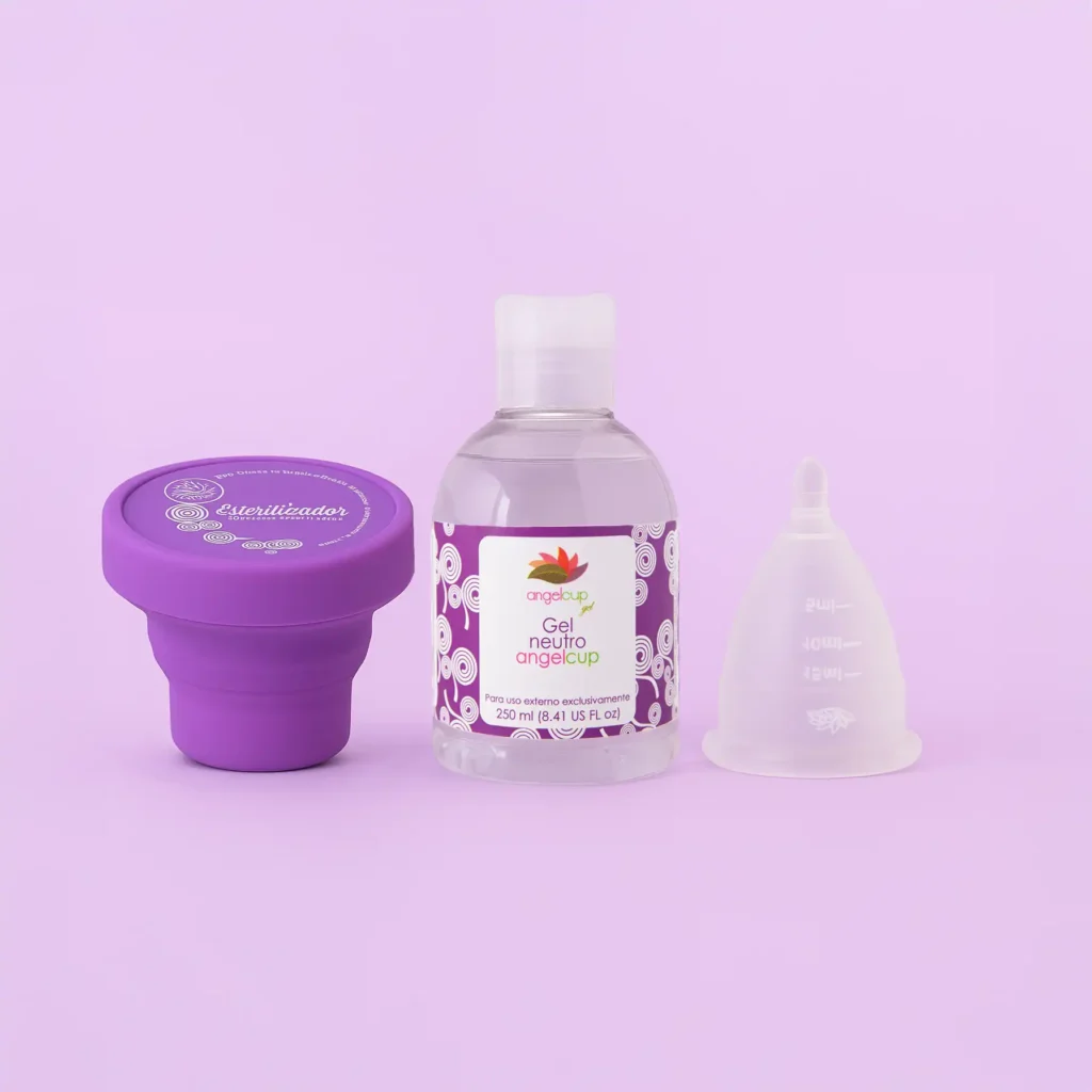 copa menstrual angelcup con vaso esterilizador y gel neutro refill 250ml
