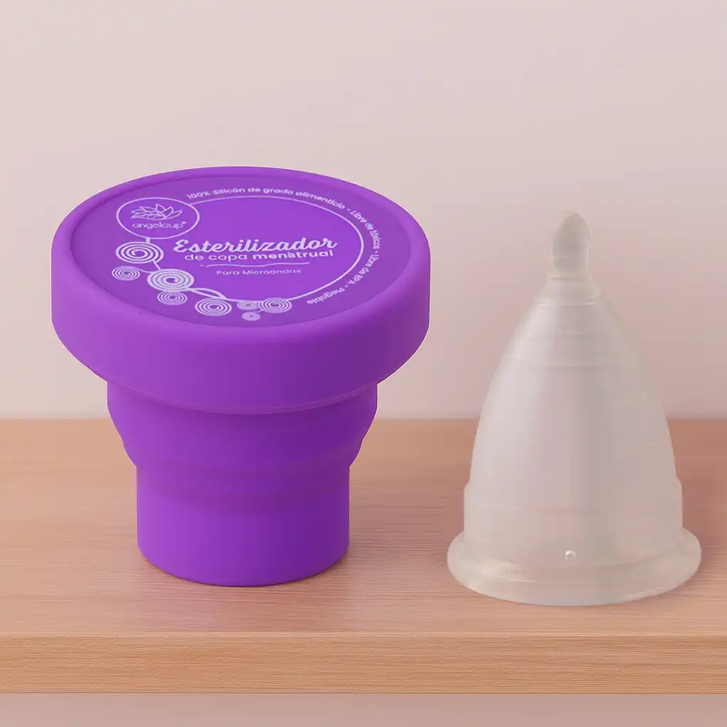 copa menstrual angelcup junto con vaso esterilizador con tapa