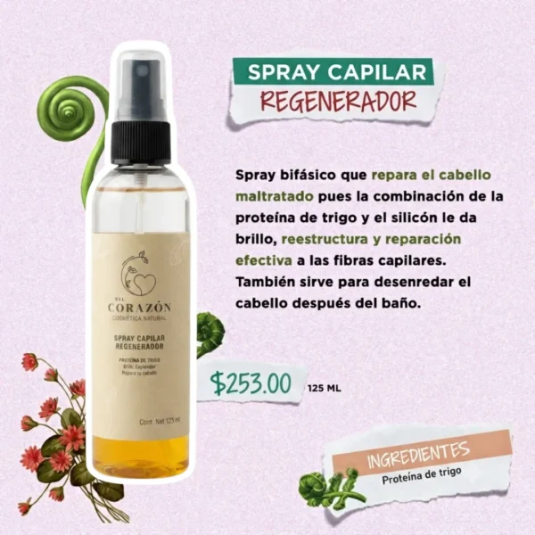 Repara, hidrata y da brillo a tu cabello con nuestro spray bifásico. Fórmula natural con proteína de trigo y silicón. Desenreda fácilmente
