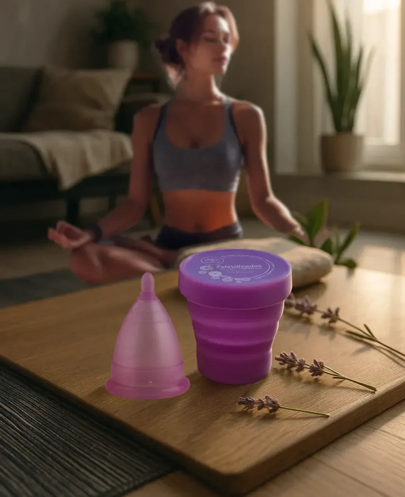 mujer meditando en sala con copa menstrual lila