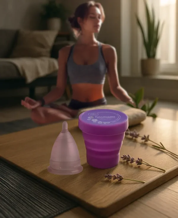mujer meditando en sala con copa menstrual rosa