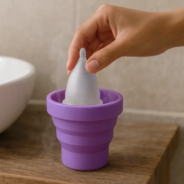 copa menstrual angelcup cristal con vaso esterilizador
