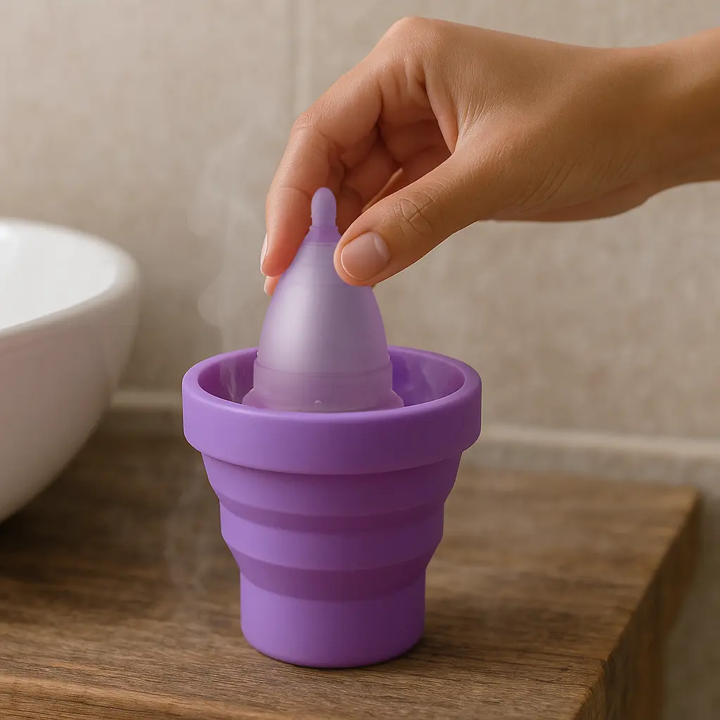 copa menstrual angelcup lila con vaso esterilizador