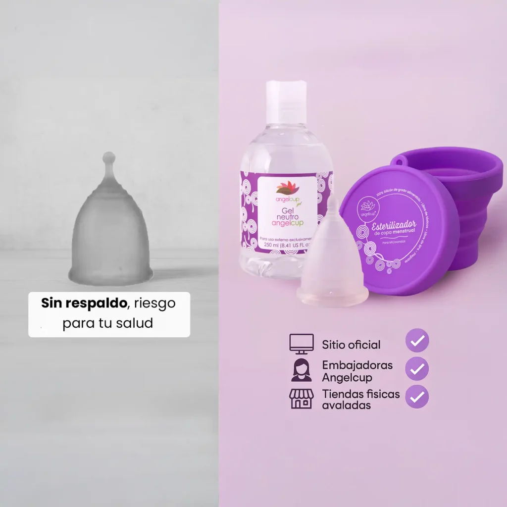 Comparativa visual entre una copa menstrual genérica de baja calidad y una copa Angelcup certificada, mostrando la importancia de una compra segura.