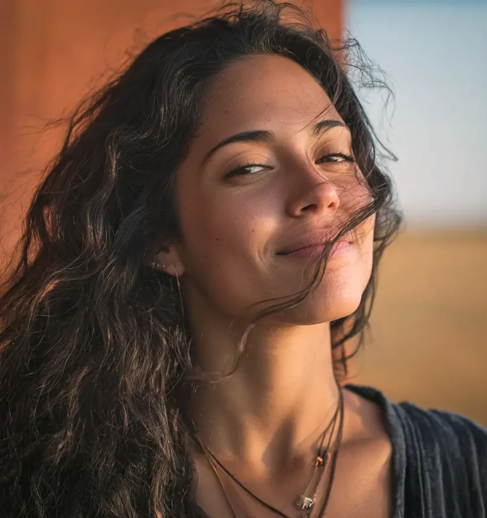 Mujer sonriendo con confianza, reflejando la seguridad de haber elegido la mejor copa menstrual para su cuerpo.