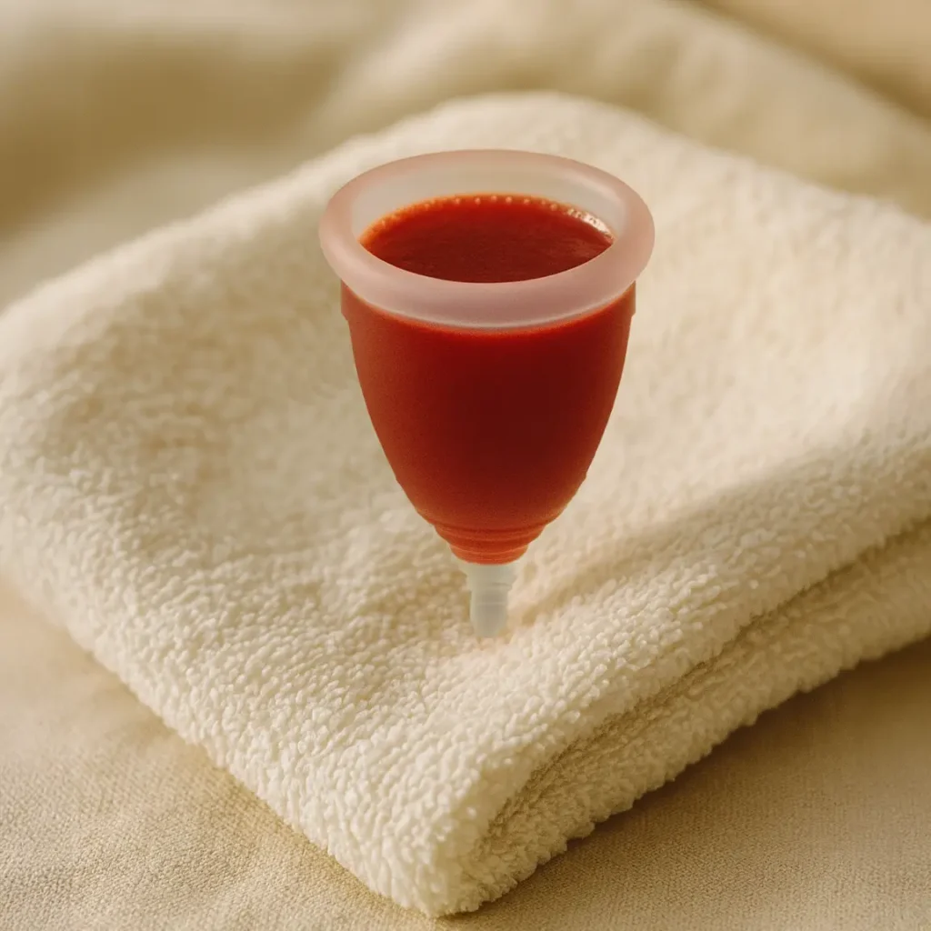 copa menstrual angelcup mostrando un color de sangre brillante y saludable