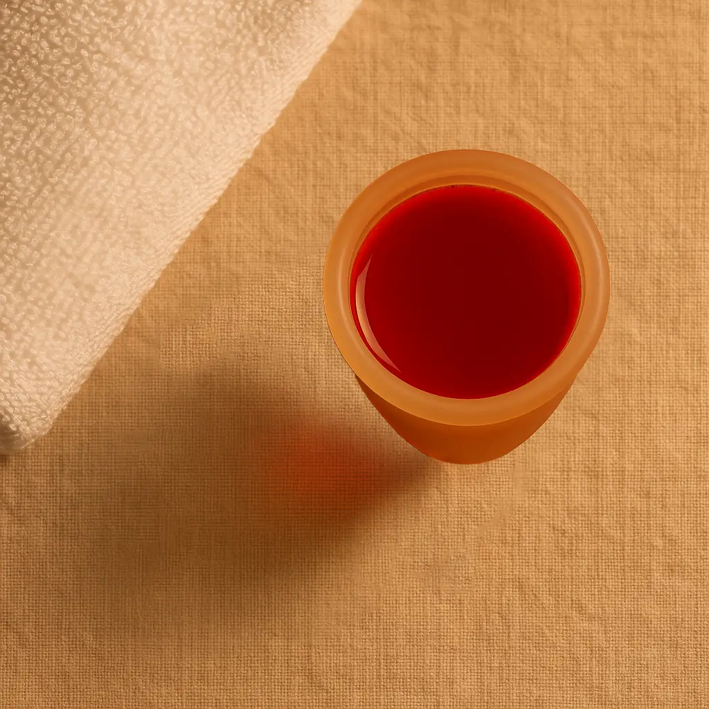 vista cenital de copa menstrual llena con sangre de color saludable