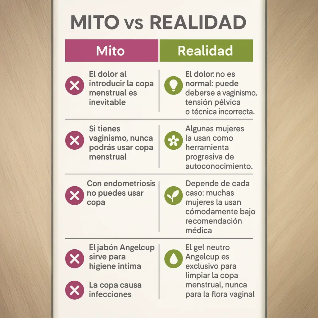 Infografía Angelcup con mitos y realidades sobre copa menstrual y trastornos genitales.