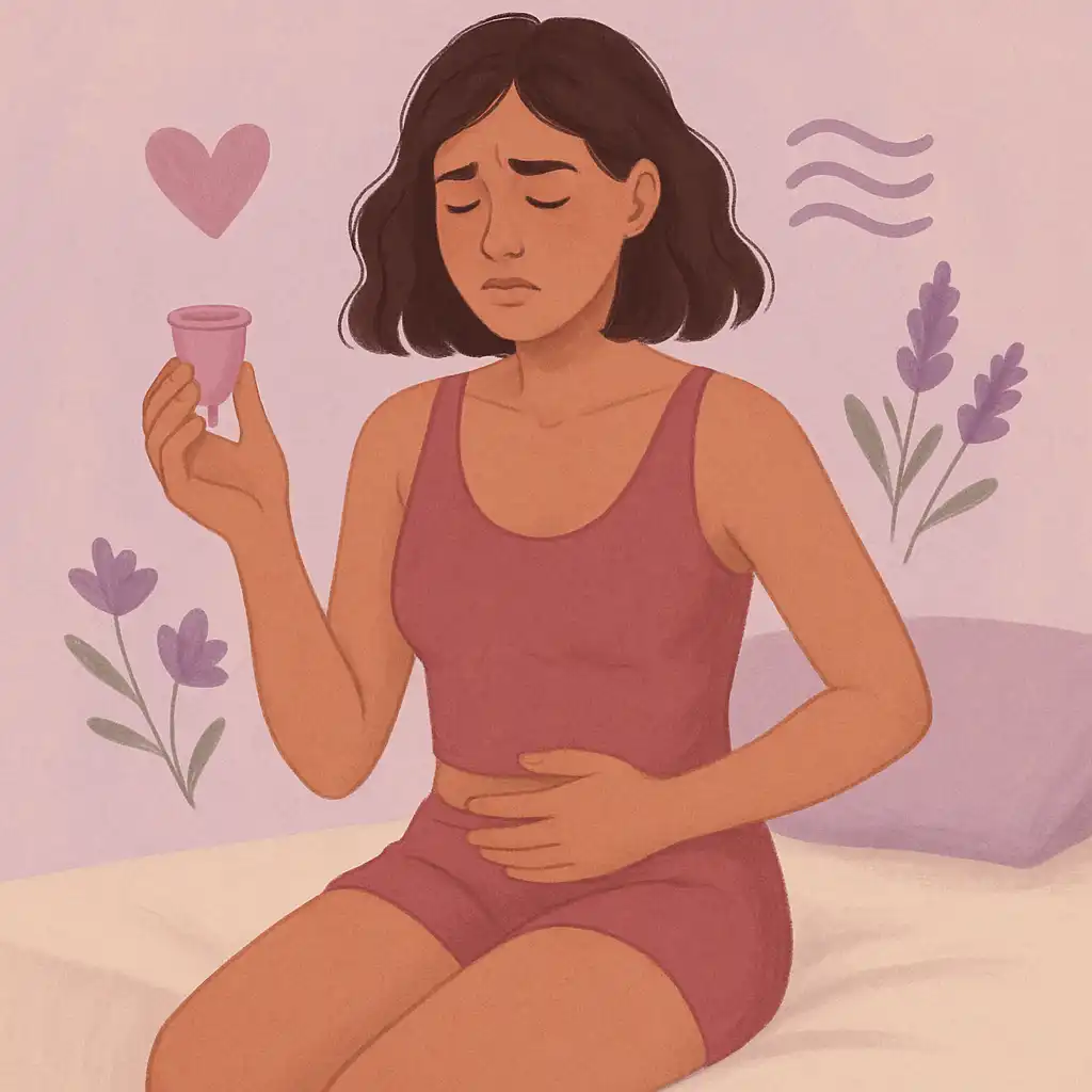 Mujer reconectando con su cuerpo para sanar el dolor al introducir la copa menstrual, simbolizando el autoconocimiento y la paciencia.