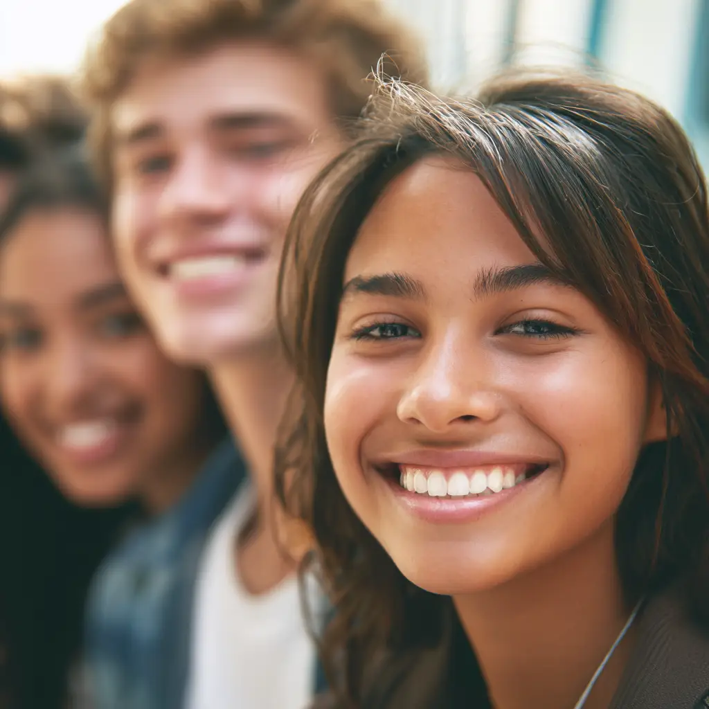 Menstruación en la escuela chica en primer plano con grupo de amigos