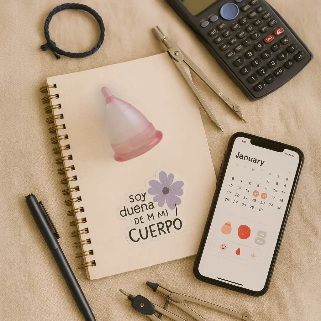 copa menstrual rosa sobre cuaderno con útiles escolares