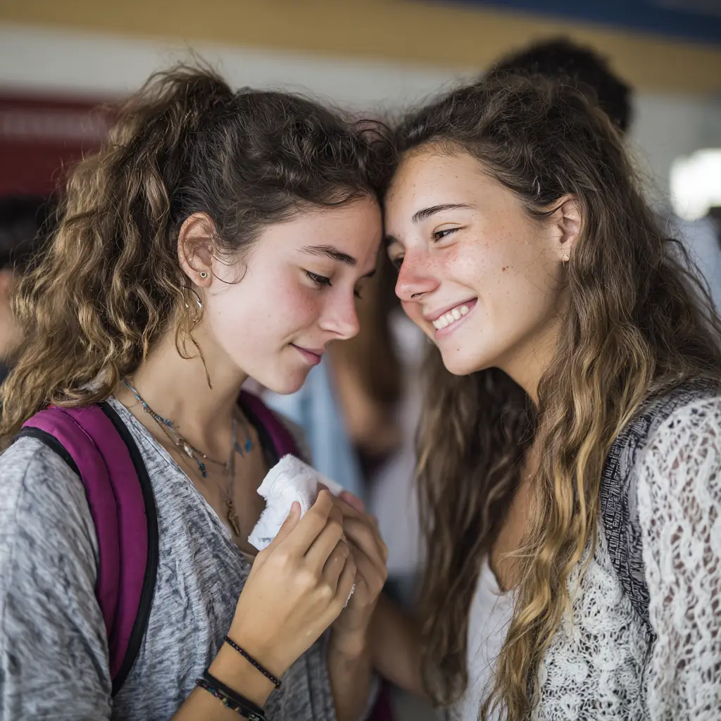 dos adolescentes ayudándose con una toallita en la escuela
