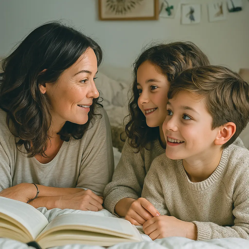 mamá hija e hijo hablando de la menstruación