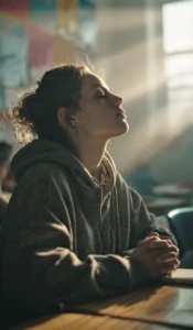 mujer meditando en escuela contraluz de ventana