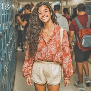 mujer sonriendo en pasillo de la escuela
