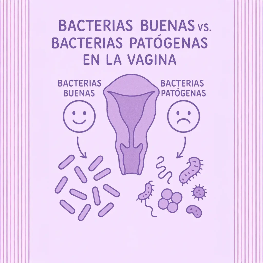 Ilustración amigable de la microbiota vaginal, comparando una flora sana y equilibrada con un desequilibrio que puede afectar la salud vaginal.