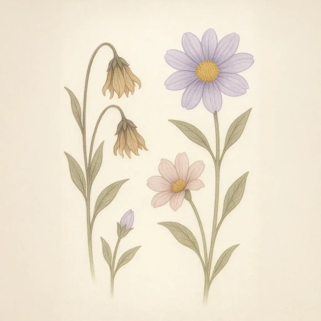 Ilustración serena de dos flores representando a una mujer en su transición a la menopausia, mostrando cómo atender los cambios hormonales para mantener la salud vaginal