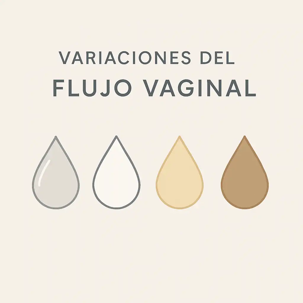 Infografía minimalista que muestra diferentes tipos de flujo para entender las señales del cuerpo y monitorear la salud vaginal de forma consciente.