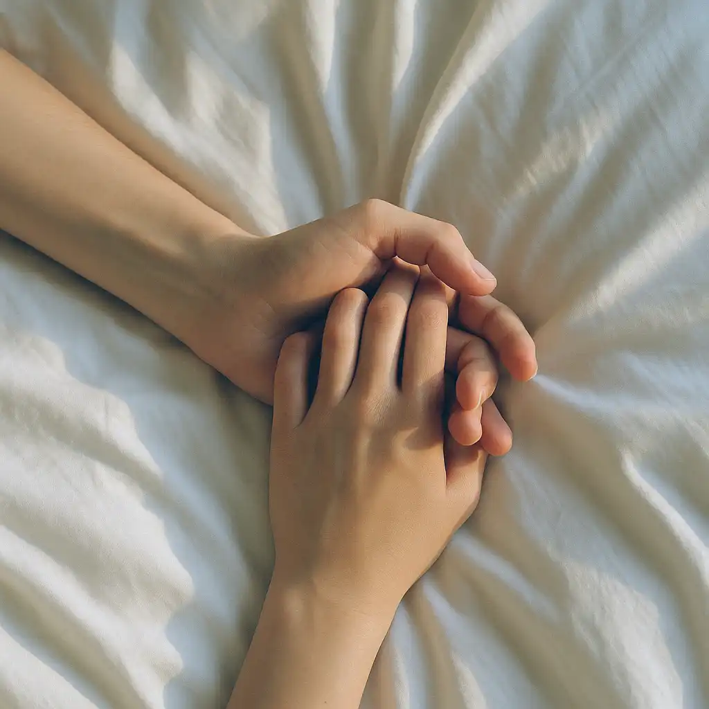 Dos manos entrelazadas con delicadeza sobre sábanas blancas, simbolizando la conexión, el cuidado y la importancia de la intimidad para la salud vaginal.
