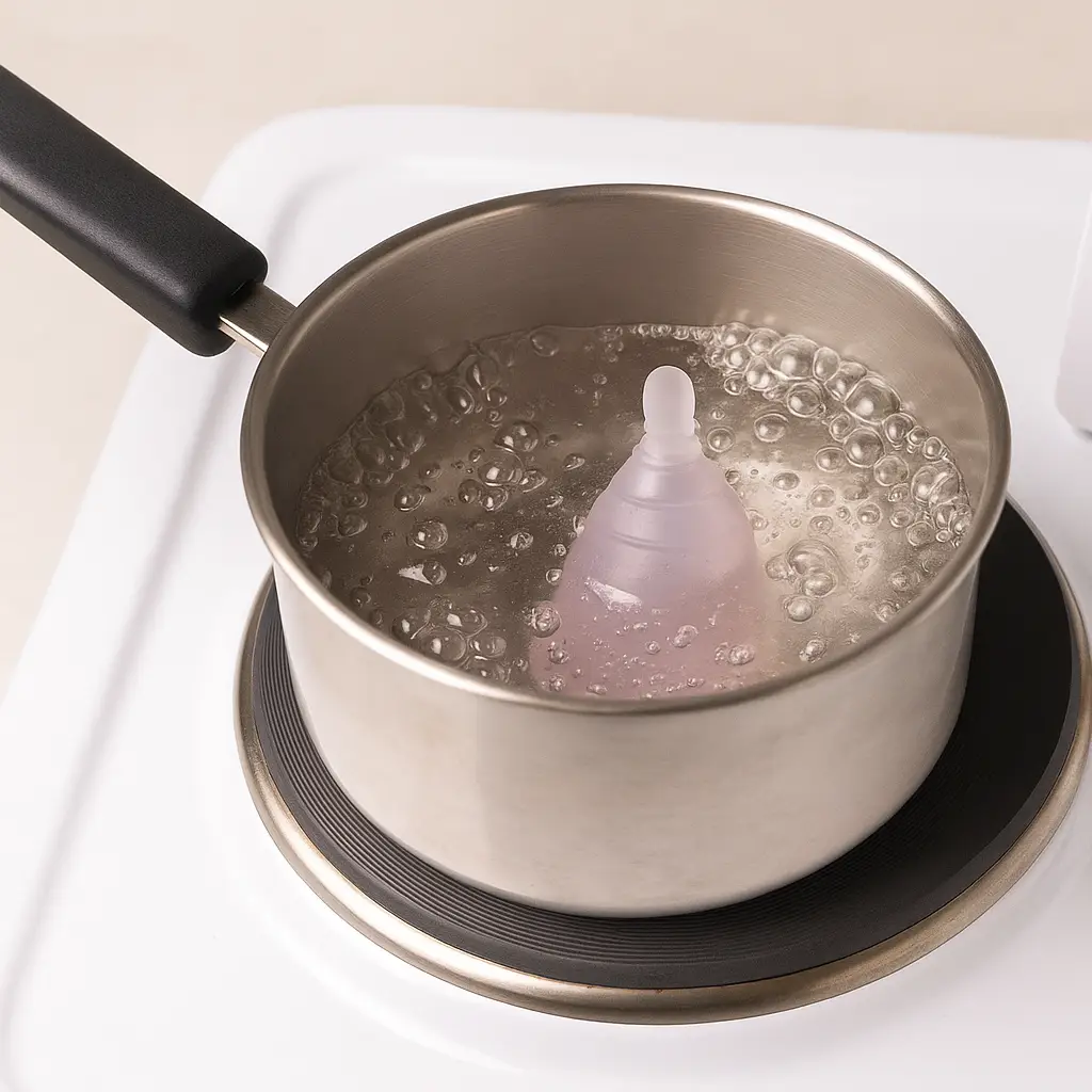 copa menstrual Angelcup en olla con agua hirviendo