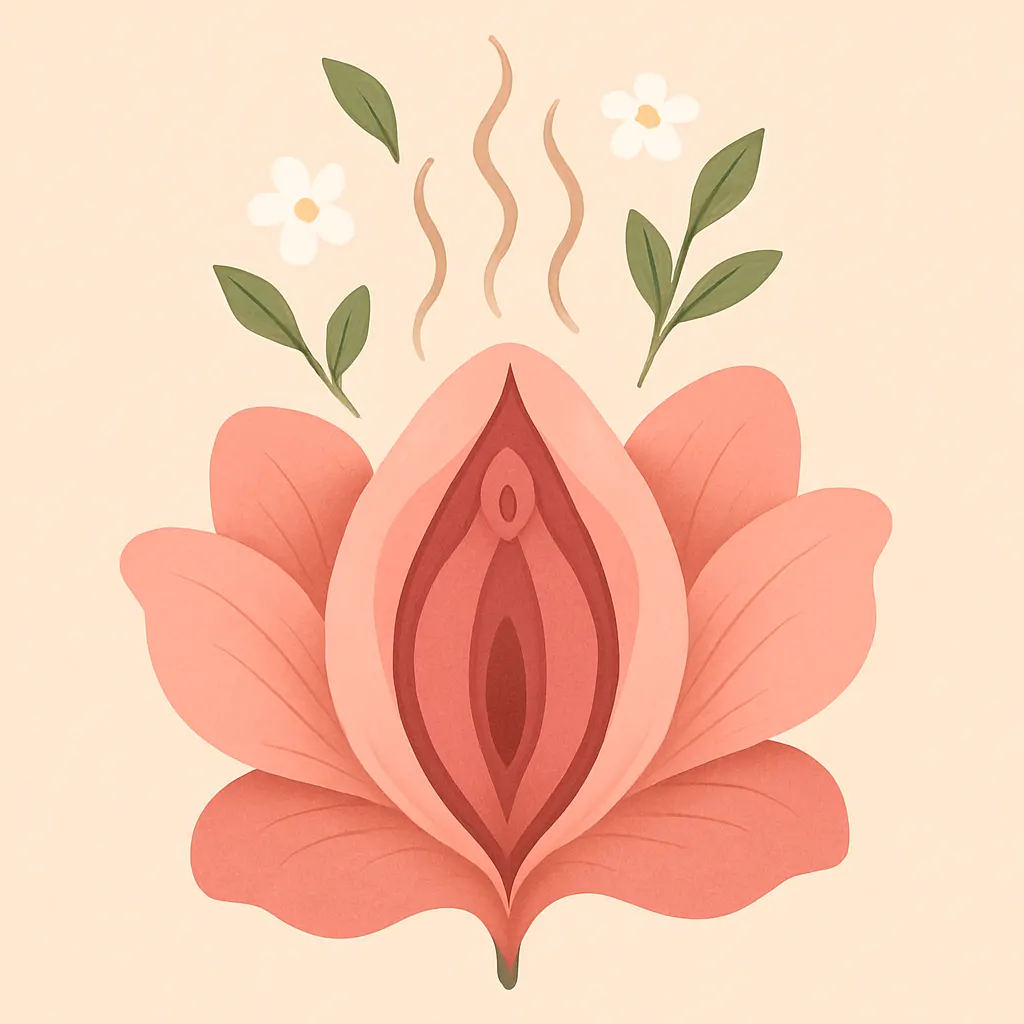 Menstruación con mal olor dibujo vulva como flor con plantitas y aromas