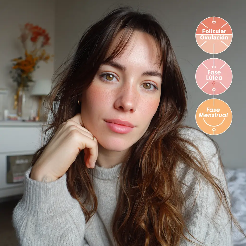 mujer con diagrama fases menstruales mirando a cámara