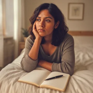 menstruación y salud mental mujer preocupada sobre su cama con libreta