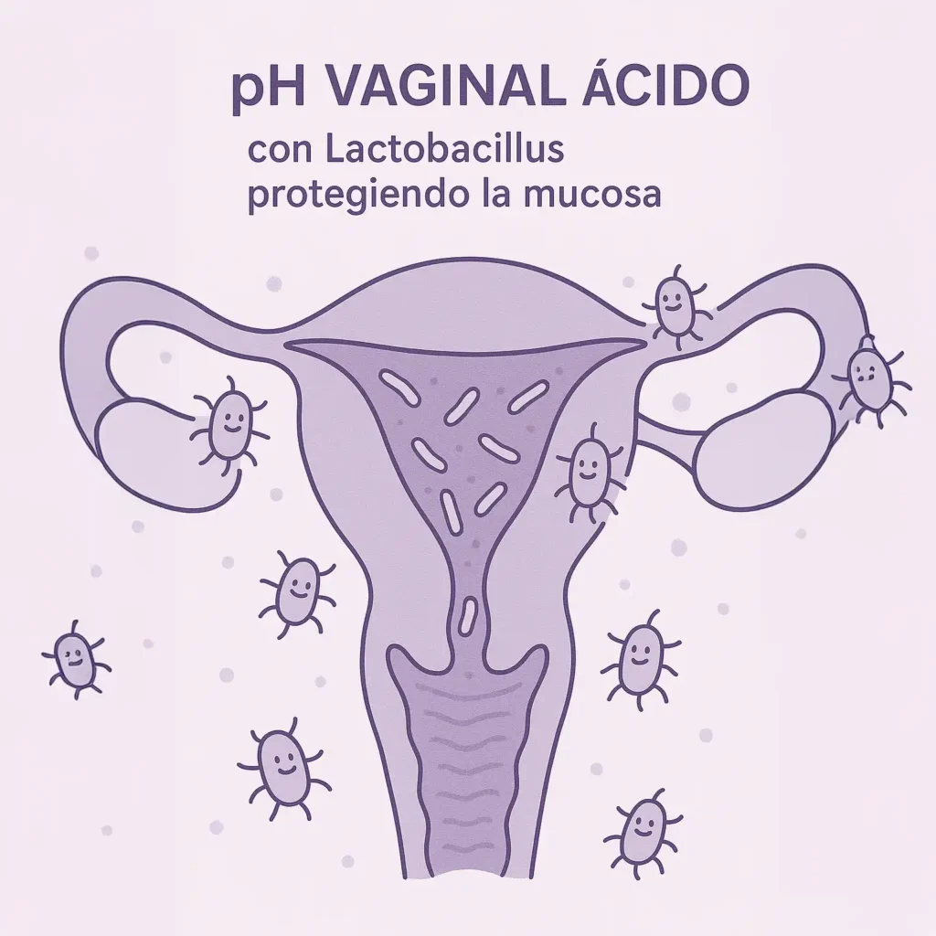 Esquema visual que muestra cómo los lactobacilos protegen la mucosa y mantienen el pH ácido, un pilar fundamental para la salud vaginal