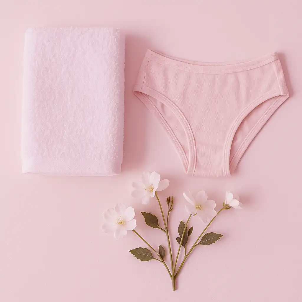 Concepto de salud vaginal a través de una higiene íntima suave, con flores frescas y ropa interior de algodón sobre una toalla blanca.