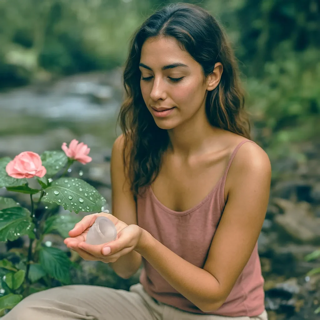 mujer con copa menstrual angelcup en las manos en la naturaleza