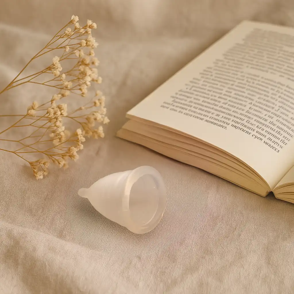 Imagen minimalista de una copa menstrual Angelcup (color cristal) junto a un calendario abierto en la sexta semana, con luz suave y elementos naturales (como flores secas) que transmitan paciencia y cuidado.