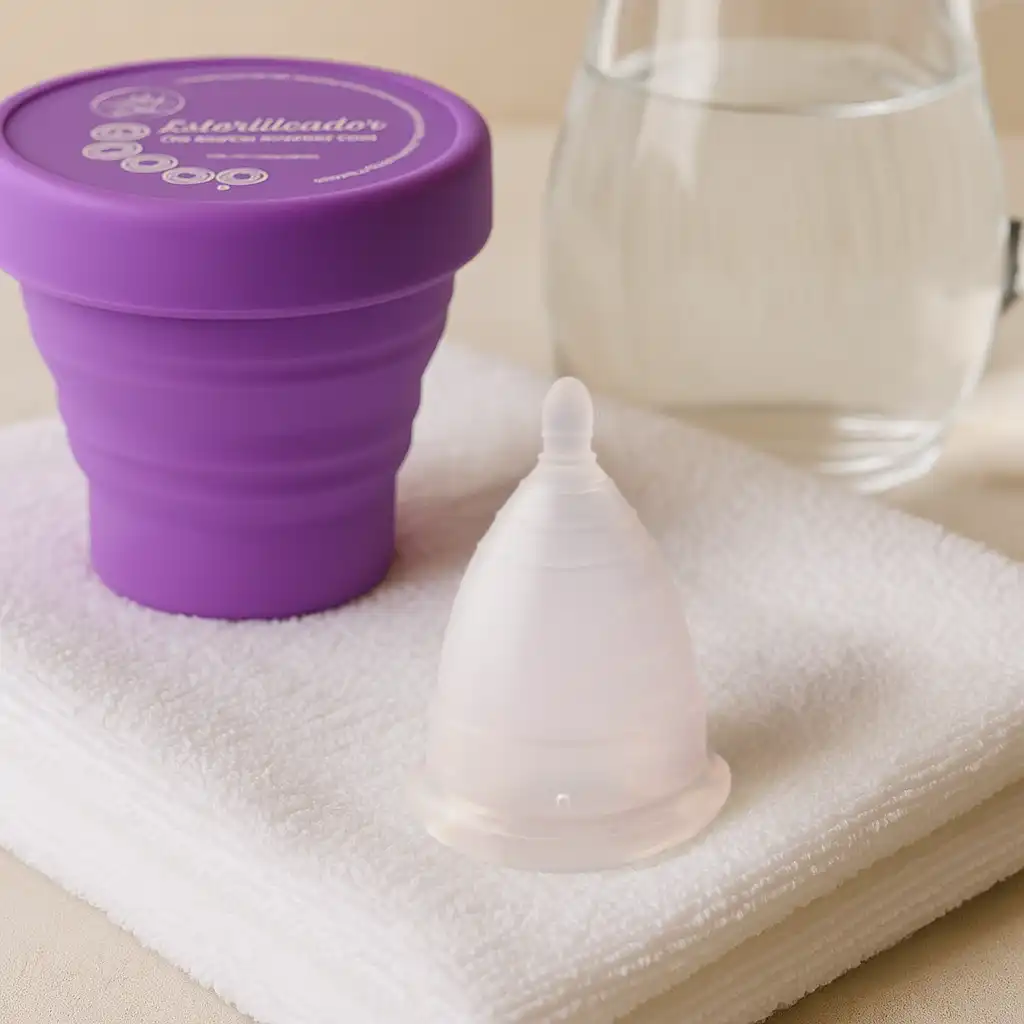 Copa menstrual Angelcup limpia junto a su vaso esterilizador, mostrando los rituales de higiene postparto.