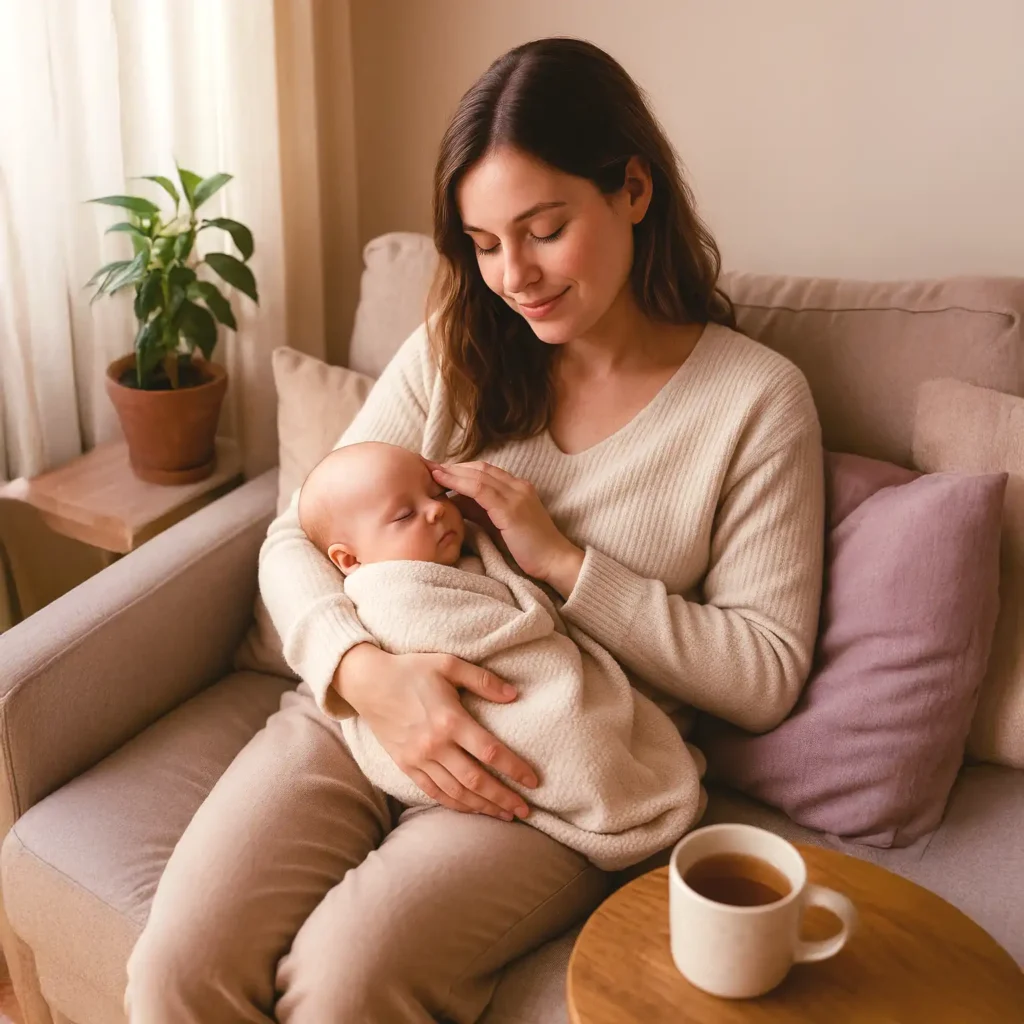 Una madre sonriendo a su bebé recién nacido, representando el cuidado y la conexión al hablar de la copa menstrual en el postparto.
