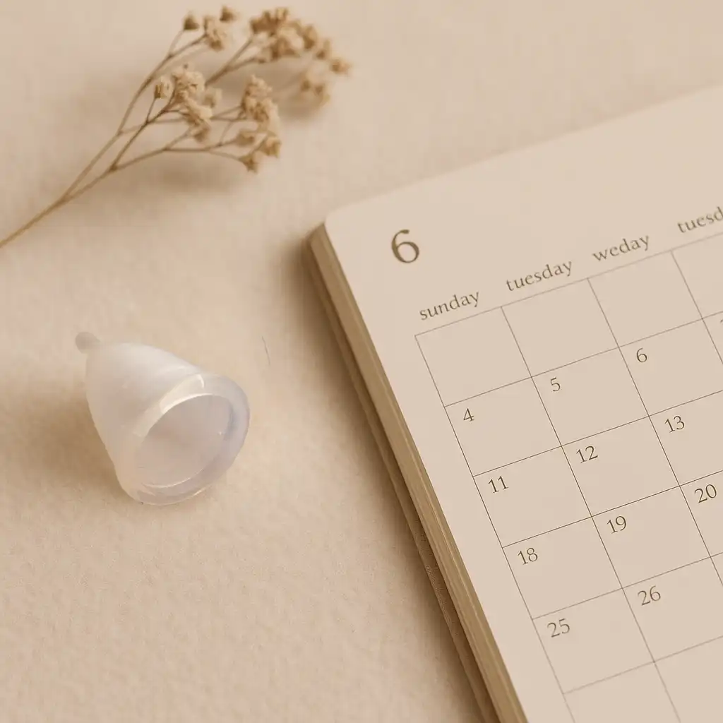 Copa menstrual Angelcup junto a un calendario, simbolizando el tiempo de espera adecuado para su uso en el postparto.