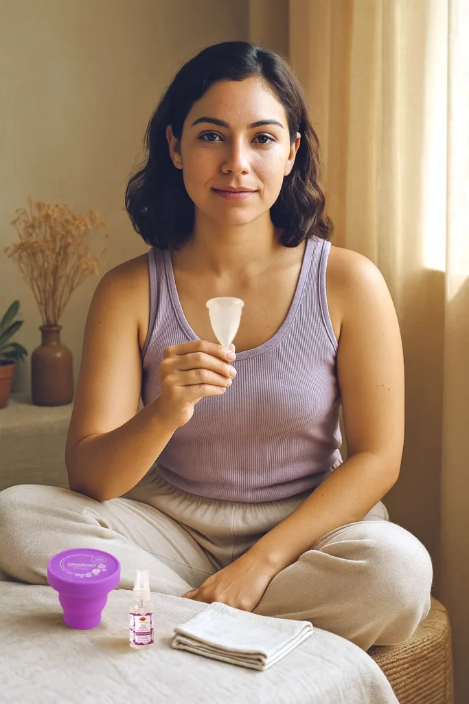 Mujer mexicana sentada con calma en un espacio cálido, sosteniendo una copa menstrual Angelcup de silicón grado médico, con productos de higiene menstrual ecológica a su alrededor