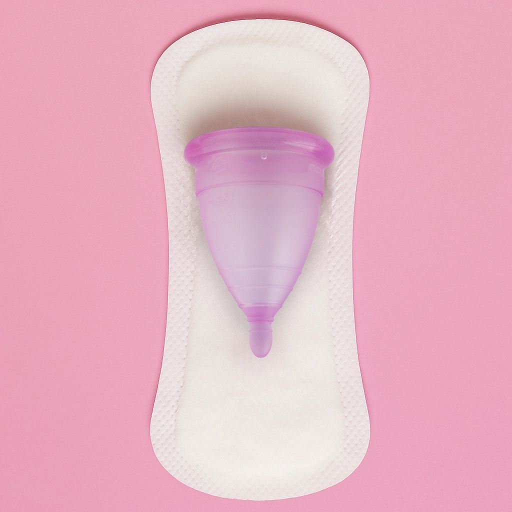 Copa menstrual vs toallas sanitarias, ilustrando la elección entre comodidad sostenible y productos desechables.