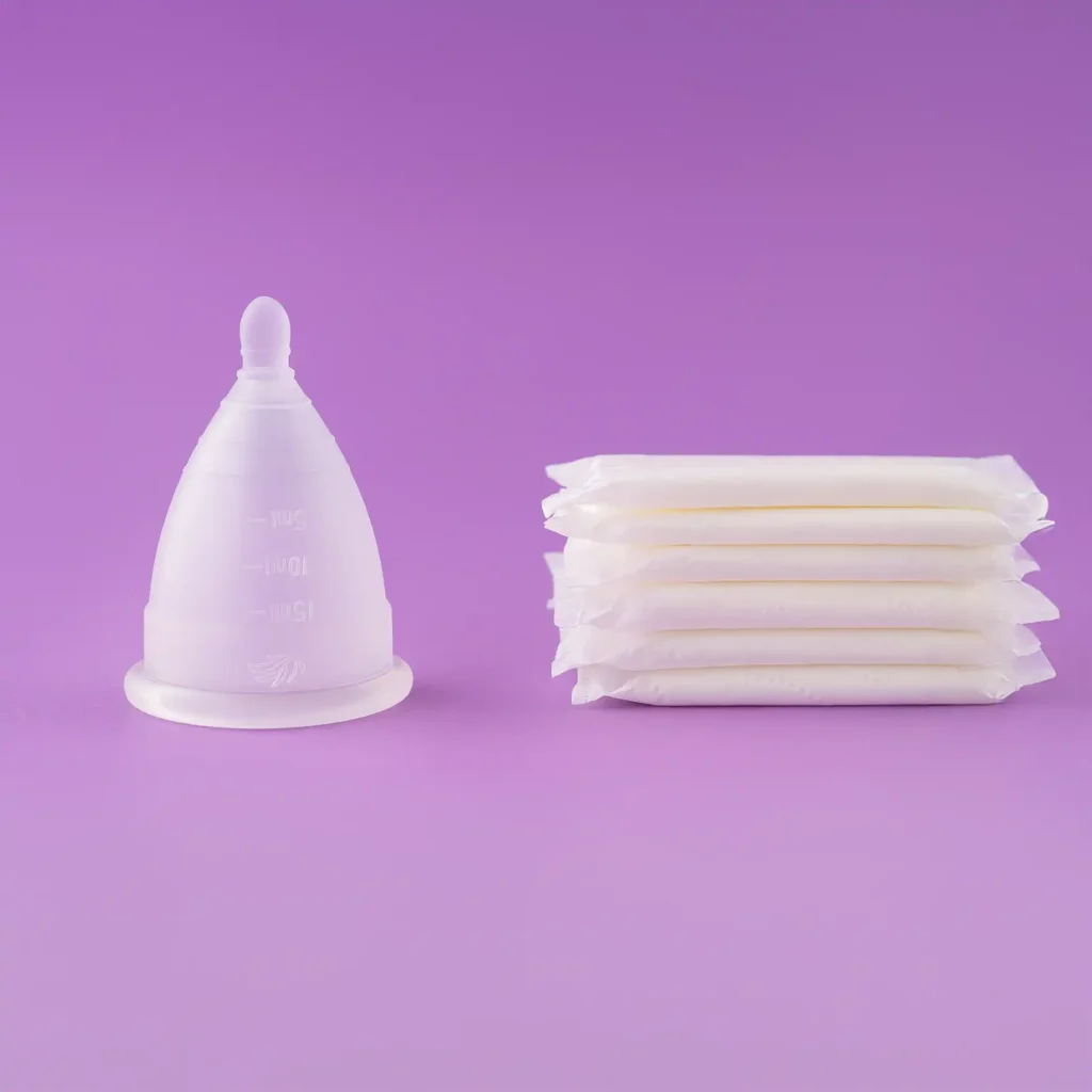Comparativa visual del impacto ecológico: una sola copa menstrual Angelcup reutilizable frente a múltiples toallas sanitarias desechables.