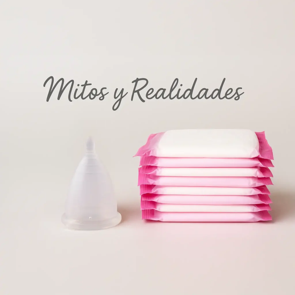 Escena conceptual que desmonta los mitos sobre la copa menstrual, mostrando la copa Angelcup como una opción confiable y fácil de usar.