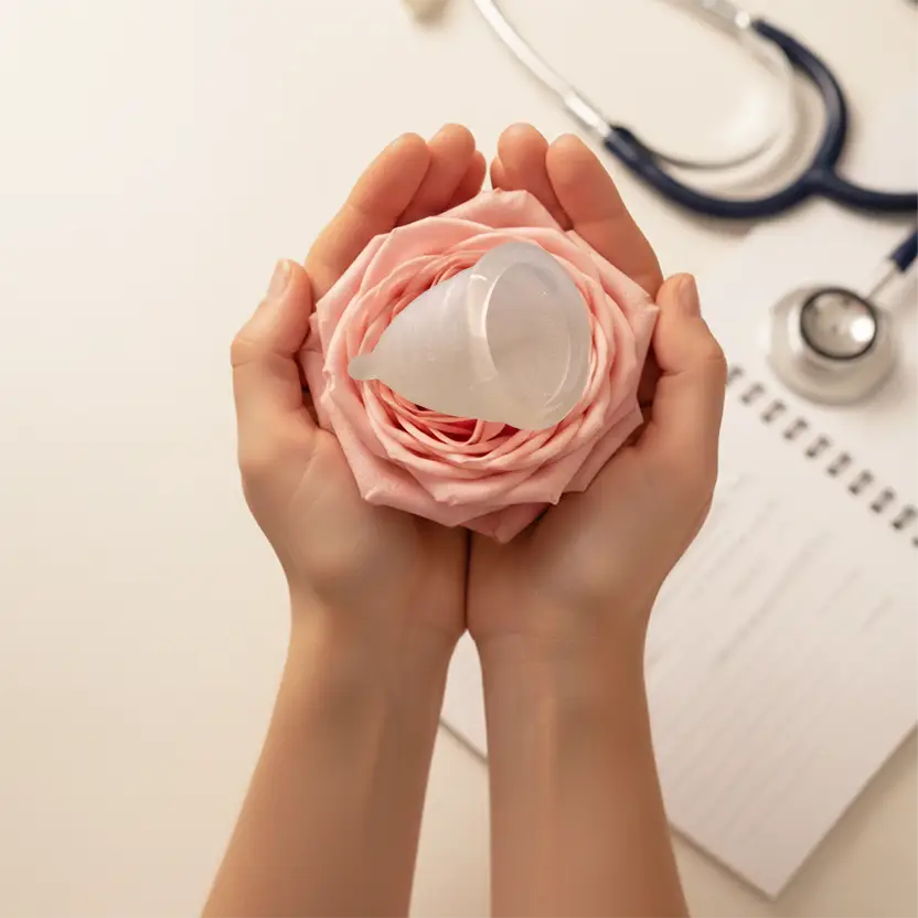 Mujer sosteniendo una rosa con una copa menstrual encima que simboliza el útero, representando el cuidado y la importancia de la salud íntima femenina y la higiene menstrual.