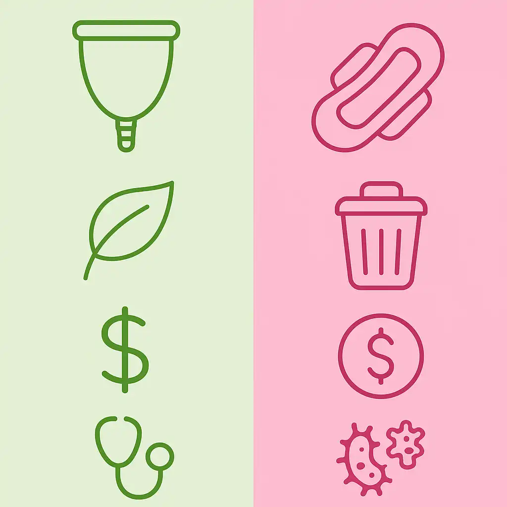 Infografía que compara visualmente la copa menstrual vs. toallas sanitarias en términos de ecología, costo, salud y comodidad.
