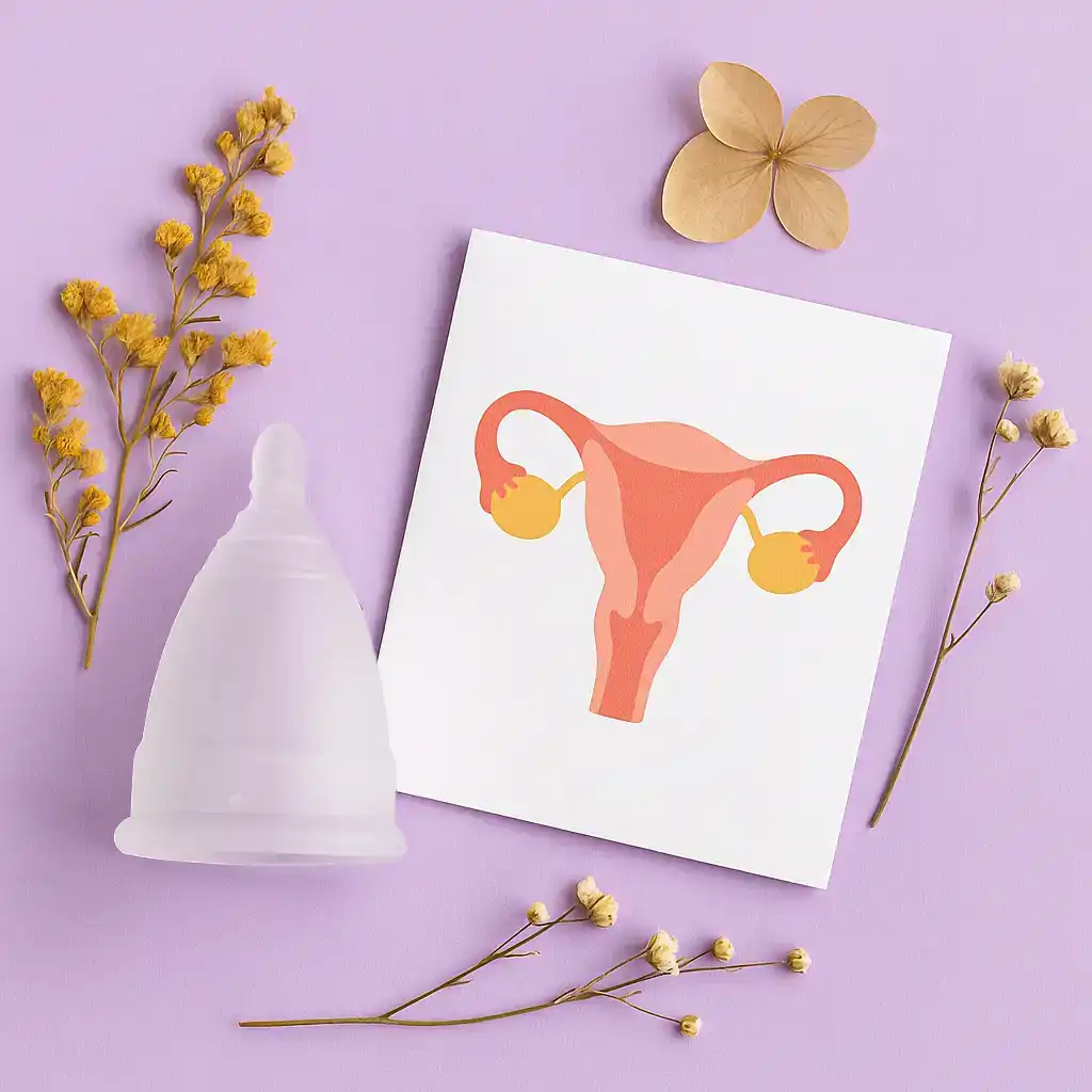 Ilustración de la anatomía femenina mostrando el uso correcto de la copa menstrual como parte de una menstruación sostenible y consciente.