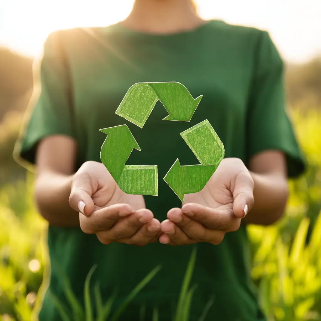 Manos de mujer sosteniendo un símbolo de reciclaje, representando una menstruación sostenible y en armonía con la naturaleza.