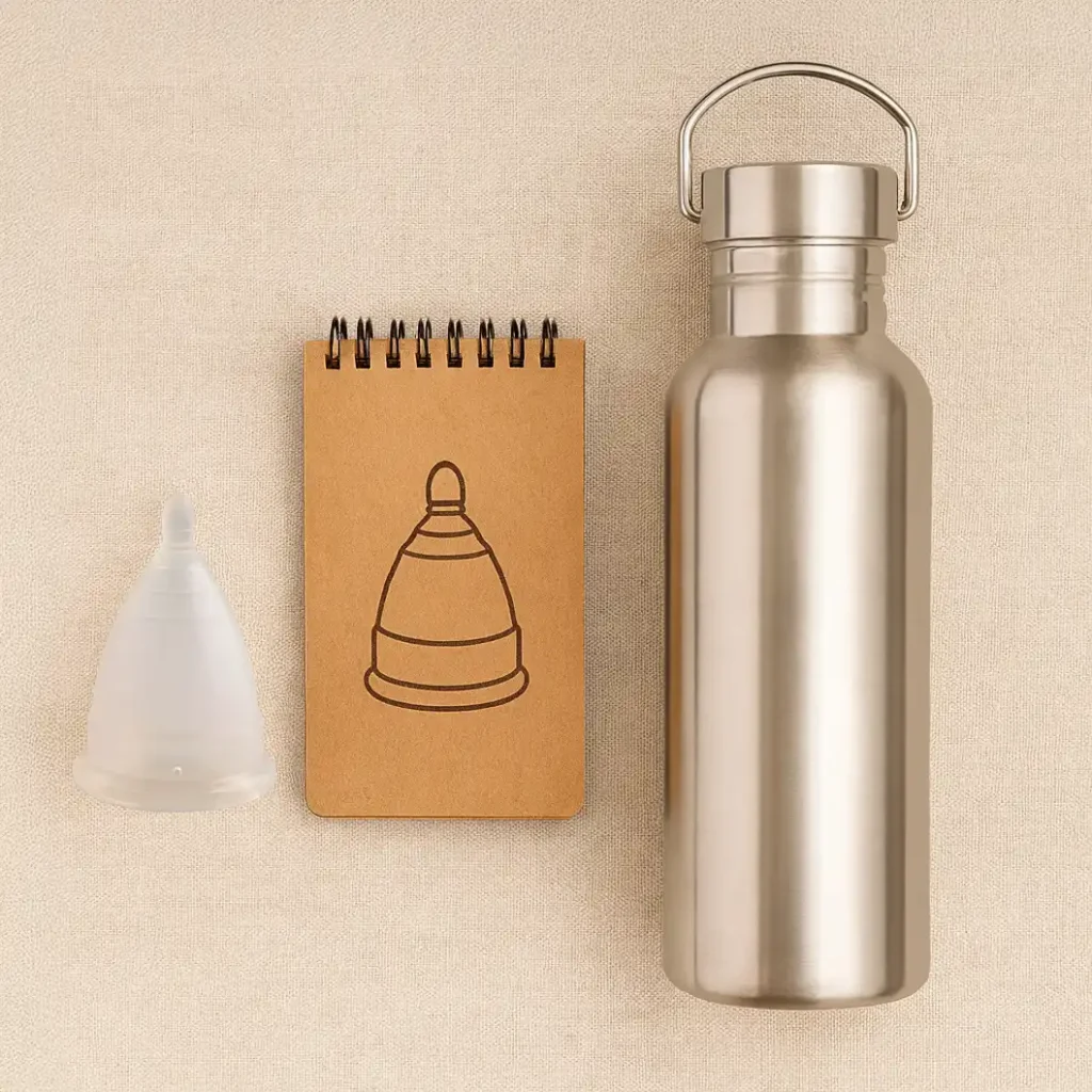 Copa menstrual Angelcup junto a accesorios reutilizables: alternativa sostenible a tampones y toallas.
